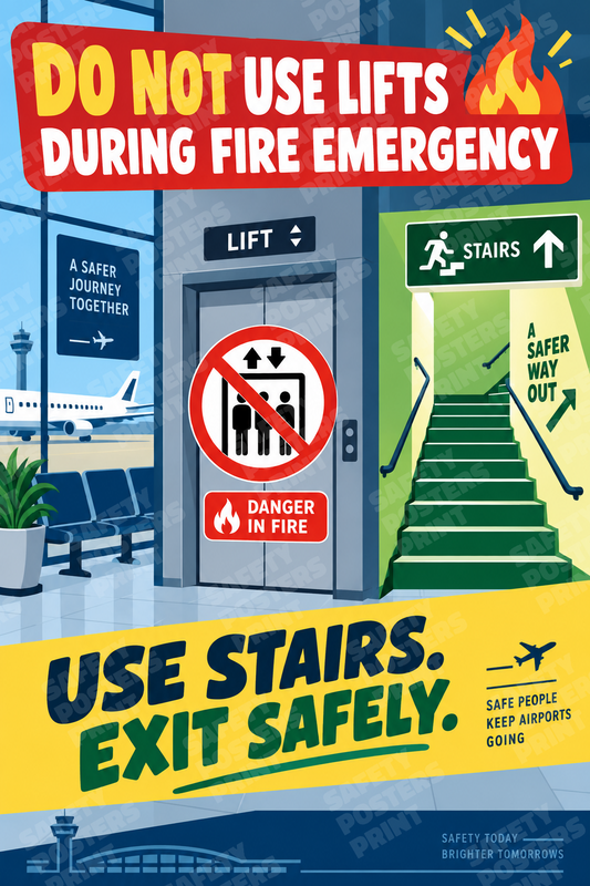 AIR-46: Do Not Use Lifts During Airport Fire Emergencies. English portrait safety poster.