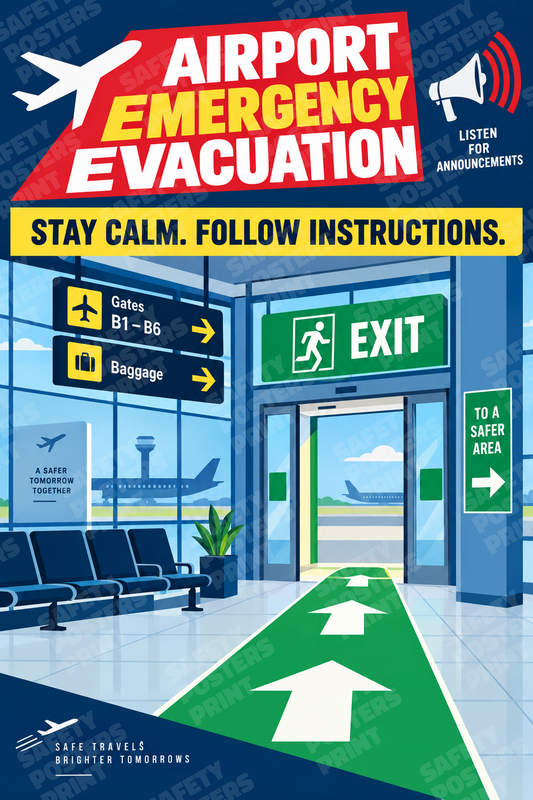 AIR-47: Airport Emergency Evacuation - Stay Calm Follow Instructions. English portrait safety poster.
