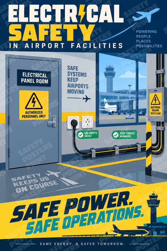 AIR-49: Electrical Safety in Airport Facilities. English portrait safety poster.