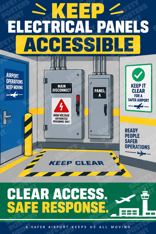 AIR-50: Keep Airport Electrical Panels Accessible. English portrait safety poster.