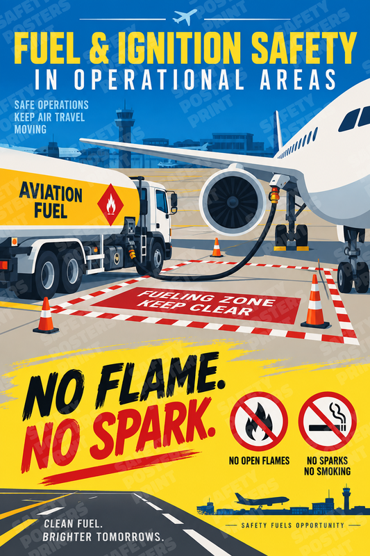 AIR-51: Airport Fuel and Ignition Safety - No Flame No Spark. English portrait safety poster.