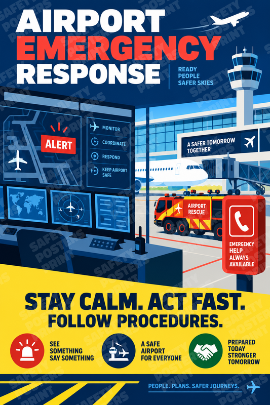 AIR-52: Airport Emergency Response - Stay Calm Act Fast. English portrait safety poster.