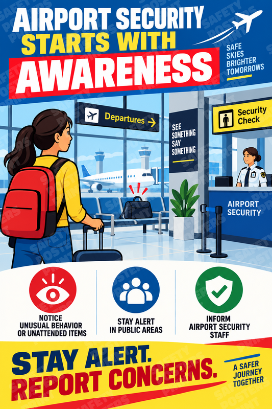 AIR-53: Airport Security Awareness - Illustrated Traveller at Checkpoint. English portrait safety poster.