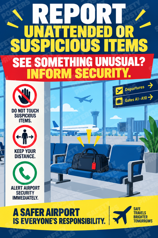 AIR-54: Report Unattended Airport Items - Illustrated Seating Area. English portrait safety poster.