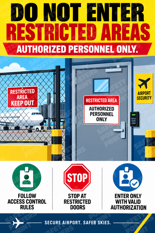 AIR-55: Do Not Enter Airport Restricted Areas - Access Door Design. English portrait safety poster.