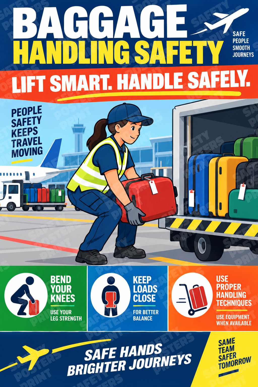 AIR-57: Airport Baggage Handling Safety - Illustrated Worker. English portrait safety poster.