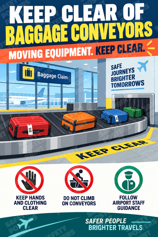 AIR-58: Keep Clear of Airport Baggage Conveyors - Luggage Carousel. English portrait safety poster.