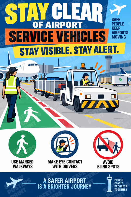 AIR-59: Stay Clear of Airport Service Vehicles - Marked Walkway. English portrait safety poster.