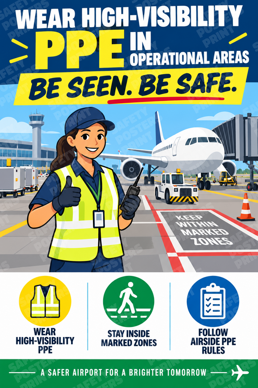 AIR-60: Wear High Visibility Airport PPE - Illustrated Staff Member. English portrait safety poster.