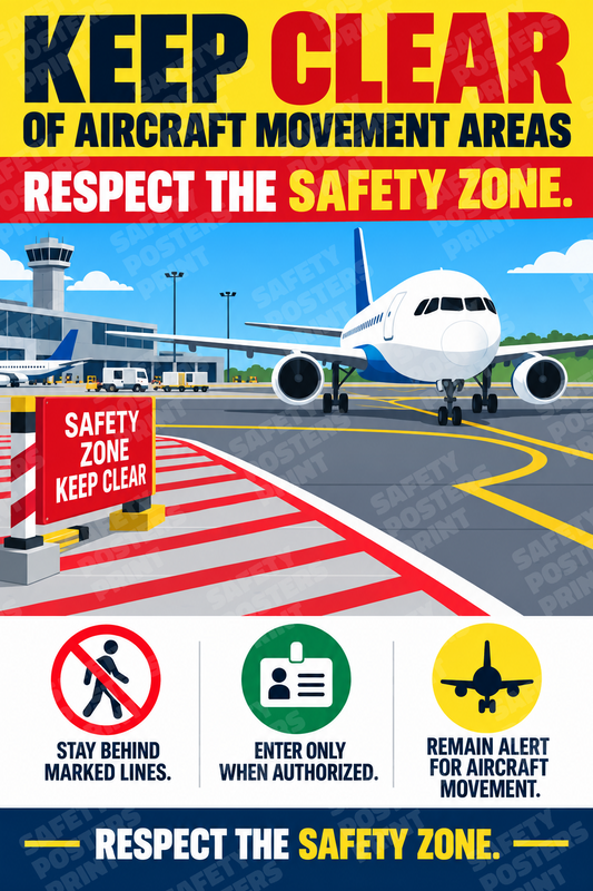 AIR-61: Keep Clear of Aircraft Movement Areas - Marked Apron Zone. English portrait safety poster.