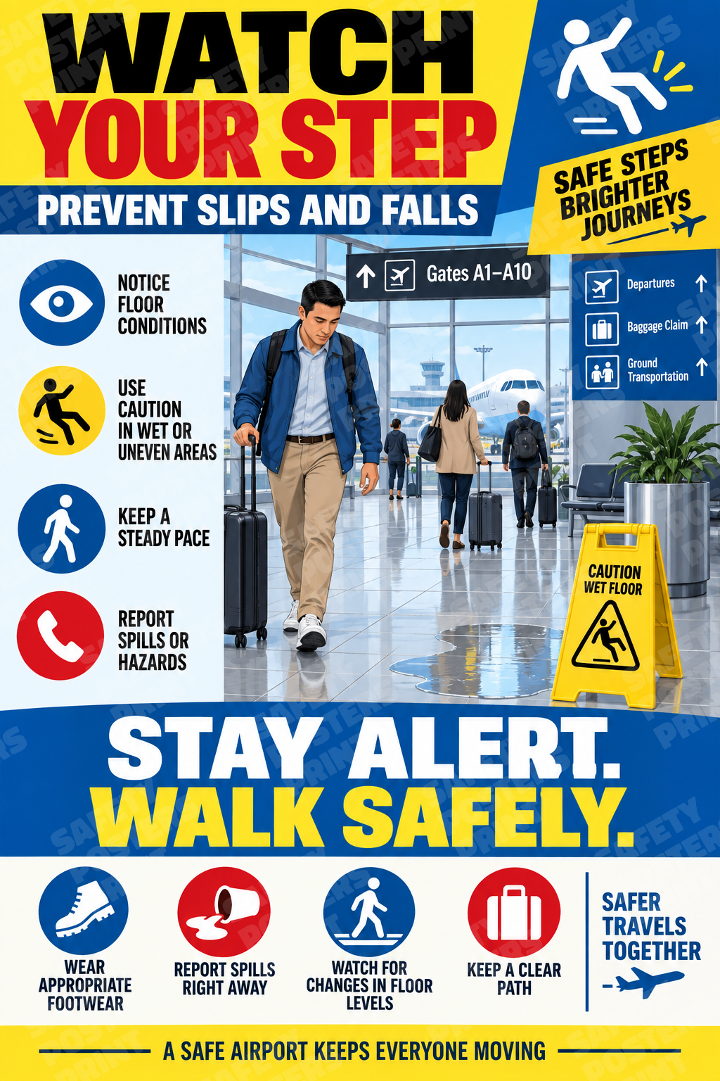 AIR-7: Watch Your Step - Airport Slips and Falls. English portrait safety poster.