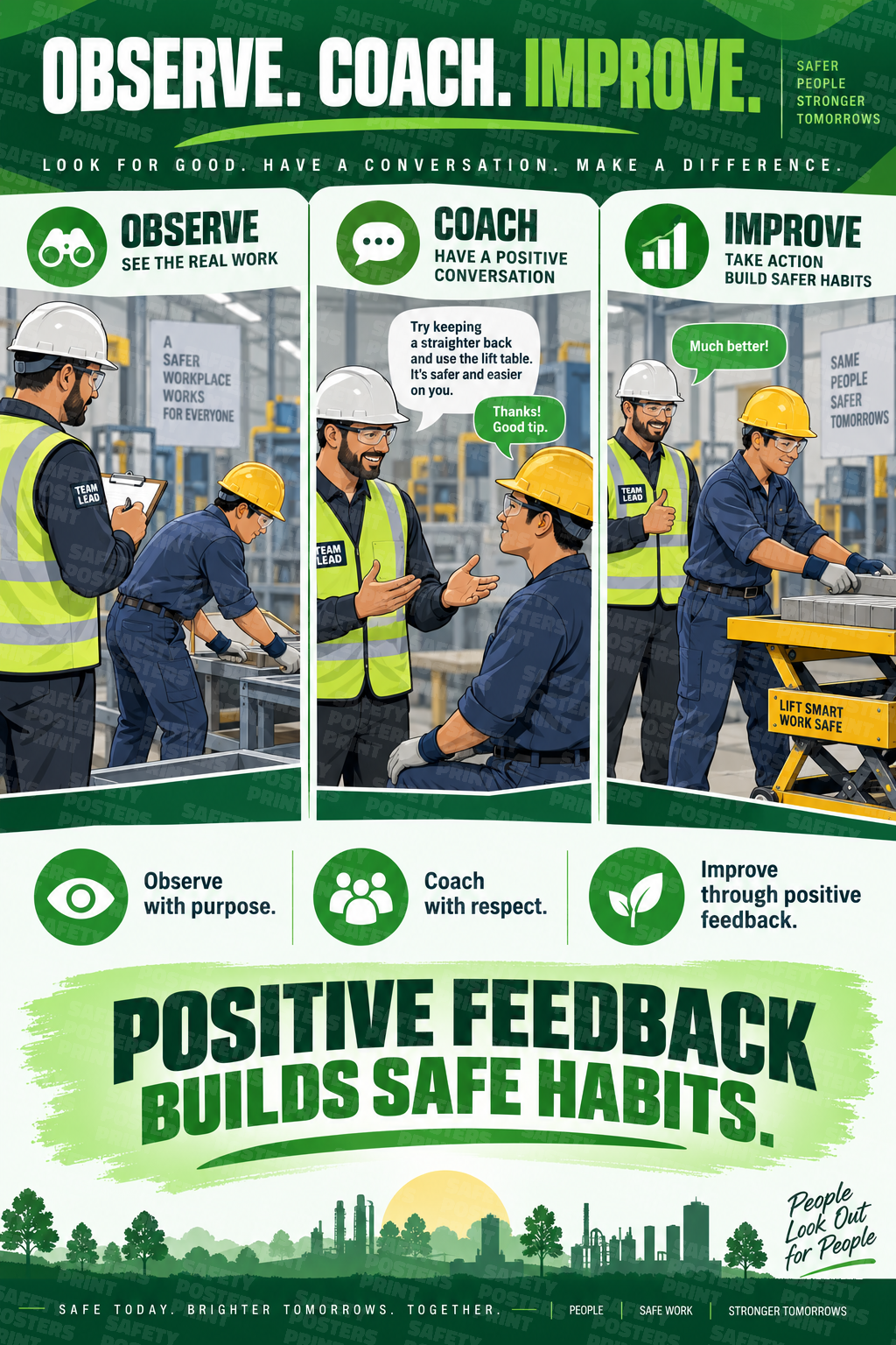 Observe, Coach, Improve - Positive Feedback Builds Safe Habits safety poster