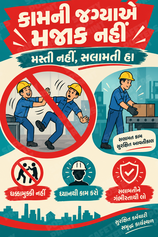 BBS-66: No Horseplay at Work - Choose Safety. Gujarati vertical workplace safety poster.