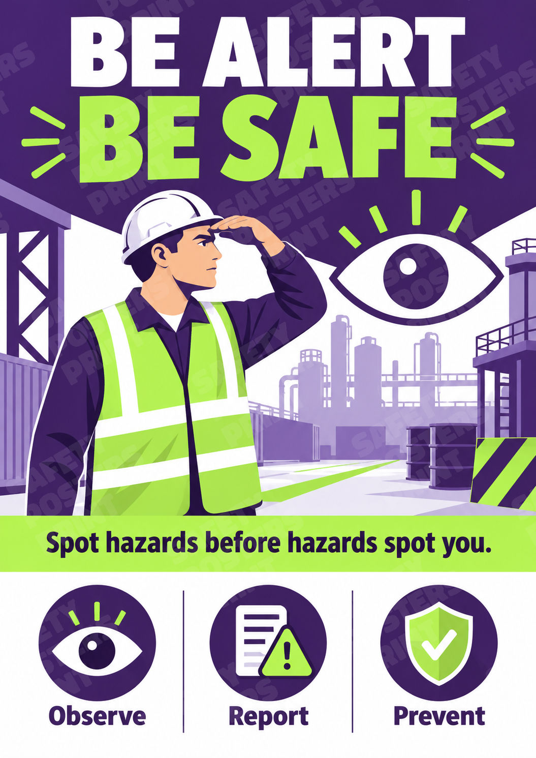 BBS-67: Be Alert, Be Safe - Observe, Report and Prevent. English vertical workplace safety poster.