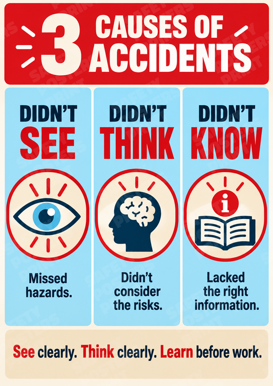 BBS-68: Three Causes of Accidents - See, Think and Know. English vertical workplace safety poster.