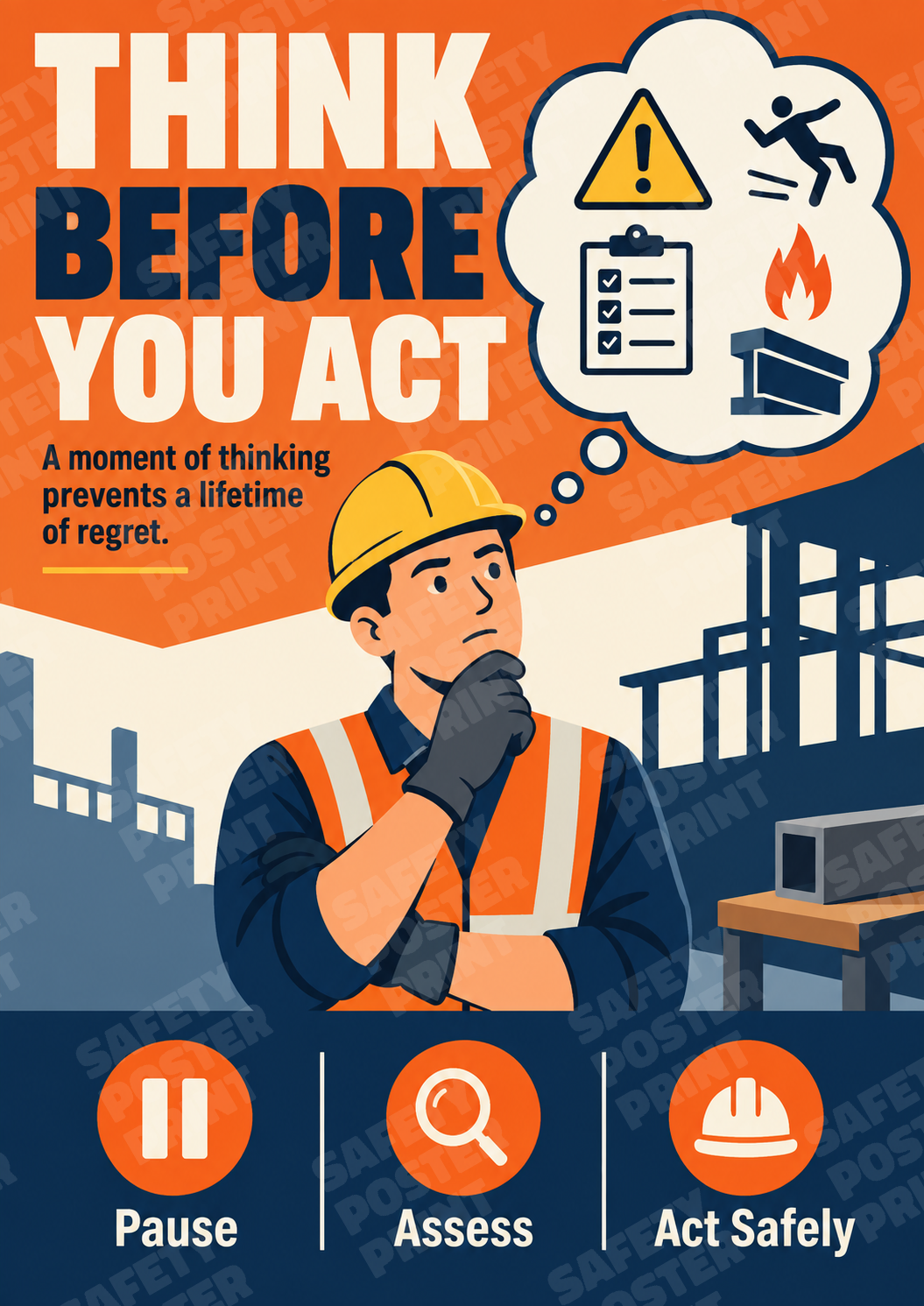 Think Before You Act - English vertical safety poster - BBS-69