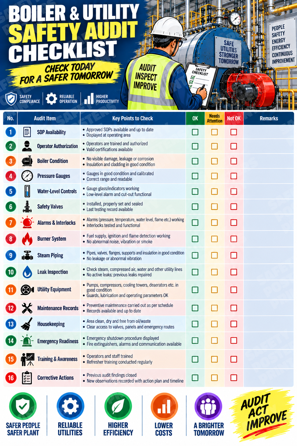 BU-11 Boiler and Utility Safety - Audit and Compliance Checklist. Workplace safety poster.