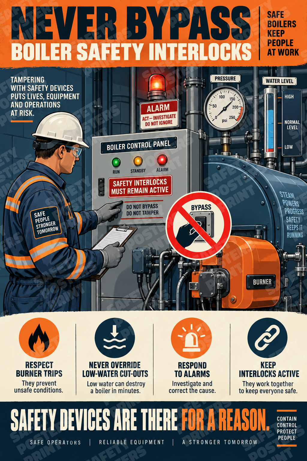 BU-5 Never Bypass Boiler Safety Interlocks - Safety Devices Are There for a Reason. Workplace safety poster.