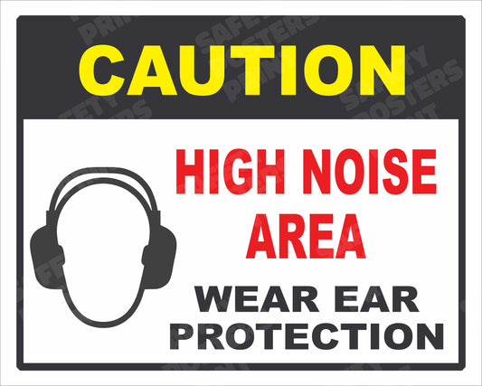 CAU-20: Caution - High Noise Area, Wear Ear Protection. English horizontal workplace safety poster.