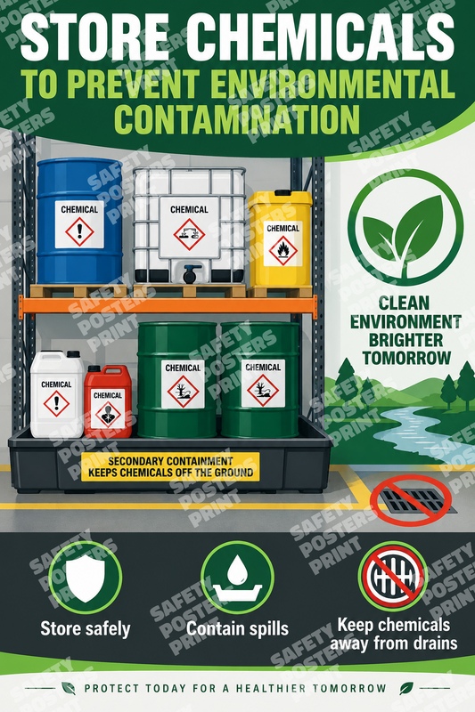 CHM-12 Store Chemicals to Prevent Environmental Contamination. Workplace poster about chemical storage, secondary containment and keeping chemicals away from drains.