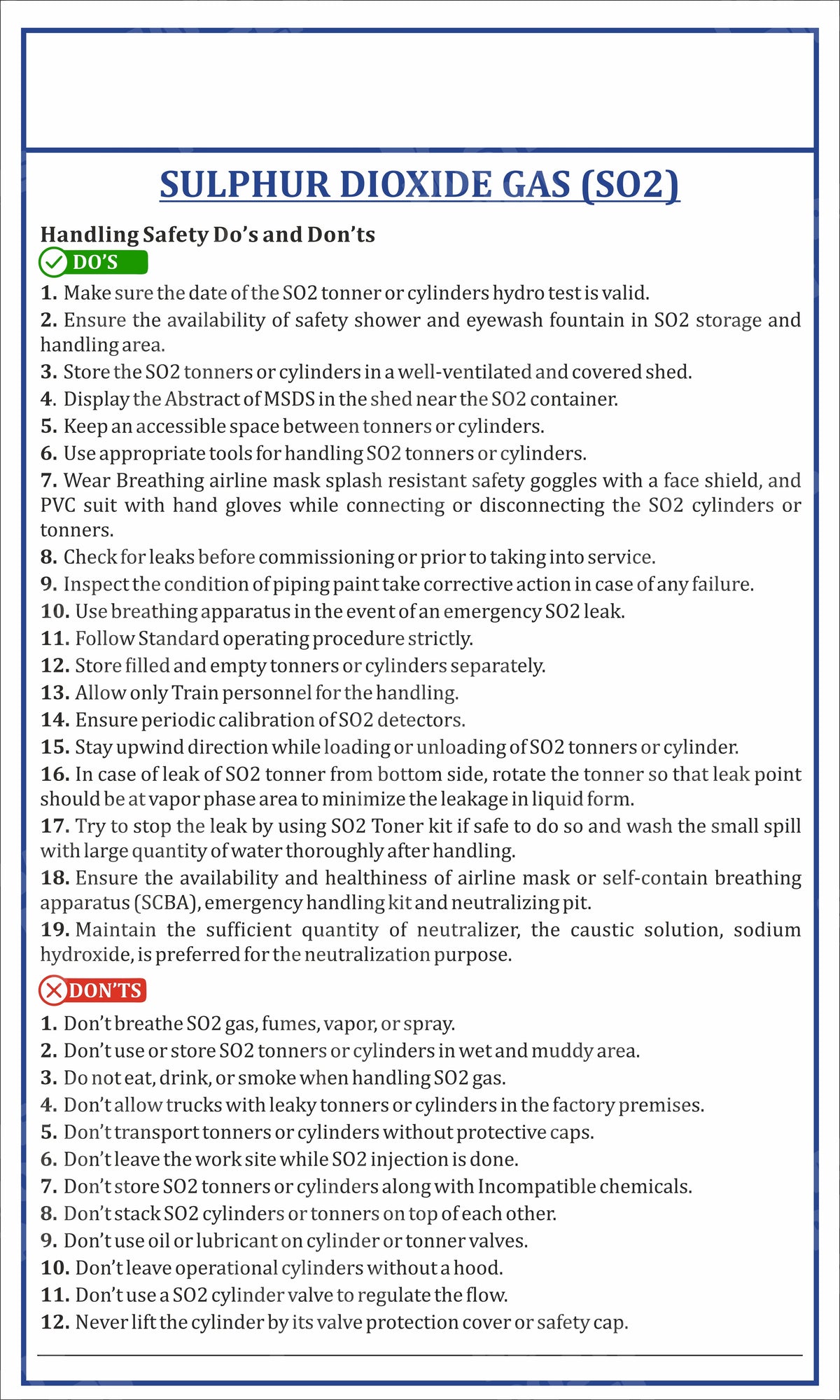CHM-27 Sulphur Dioxide Gas (SO2) Handling Safety - Do's and Don'ts workplace safety poster