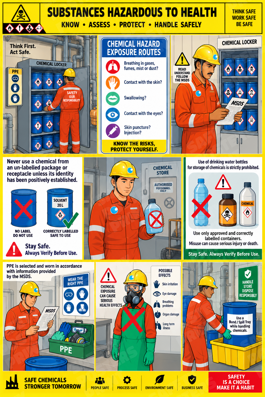 CHM-56: Chemical Safety - Know, Assess, Protect. English vertical workplace safety poster.