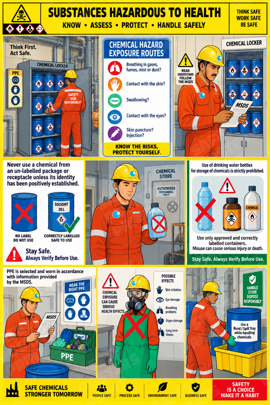 CHM-56: Chemical Safety - Know, Assess, Protect. English vertical workplace safety poster.