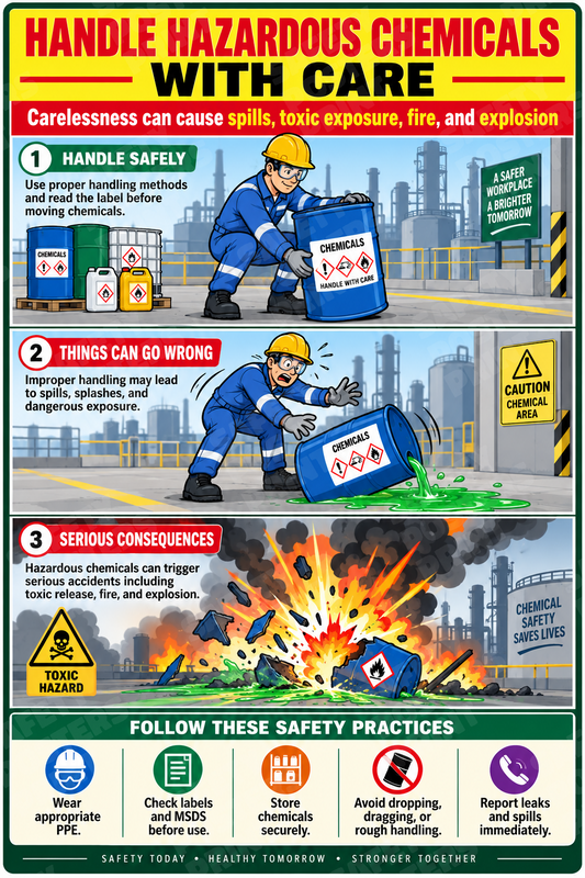 CHM-58: Handle Hazardous Chemicals Safely - Causes and Consequences. English vertical workplace safety poster.