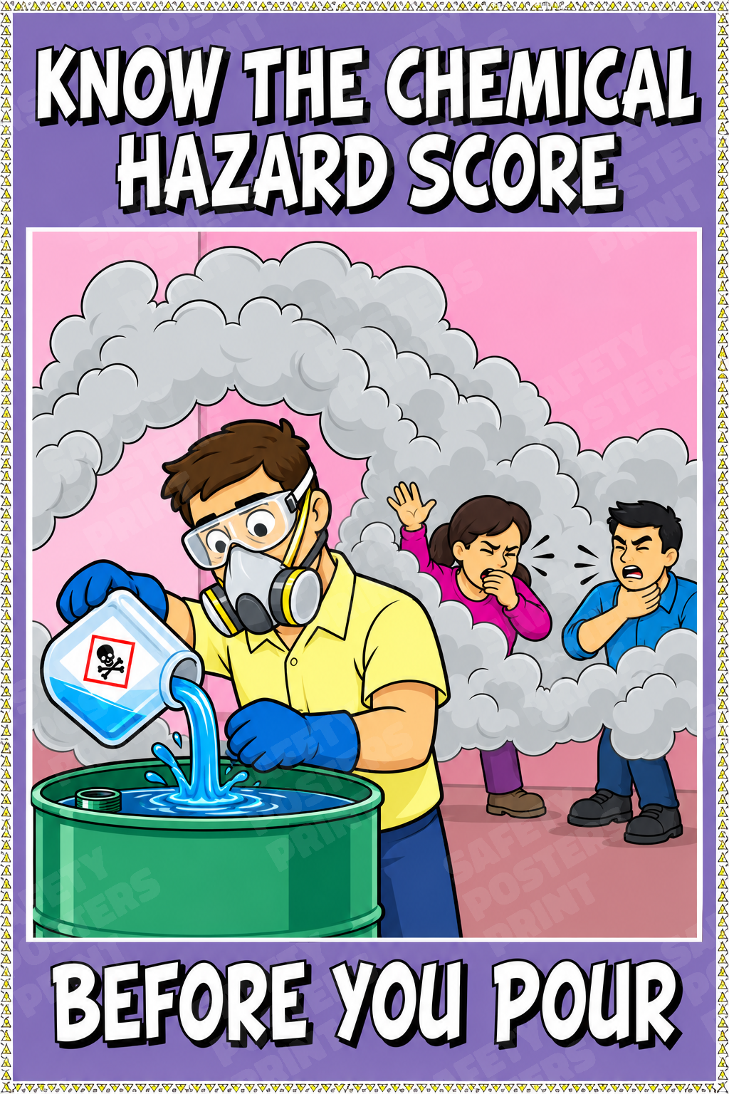 CHM-60: Know the Chemical Hazard Score Before You Pour. English vertical workplace safety poster.