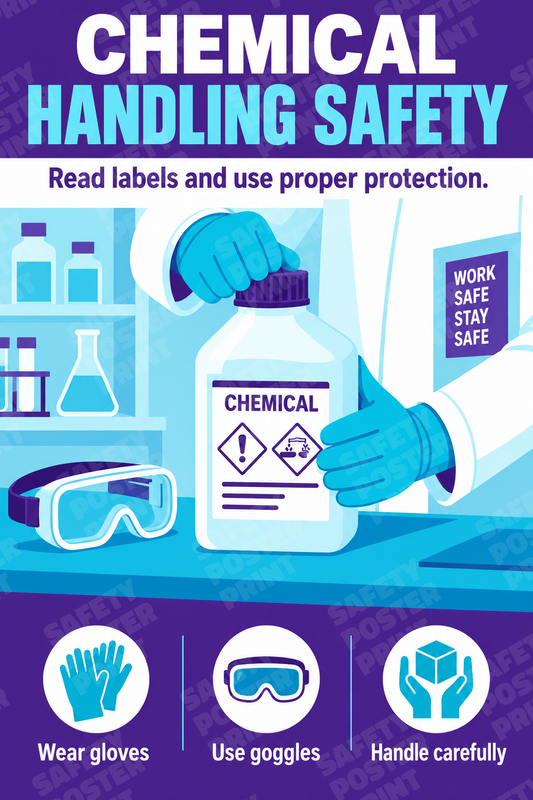 Chemical Handling Safety - Read Labels and Use Protection - English vertical safety poster - CHM-61