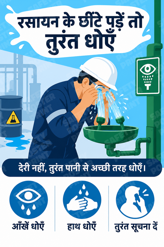 Chemical Splash - Rinse Eyes Immediately - Hindi vertical safety poster - CHM-62