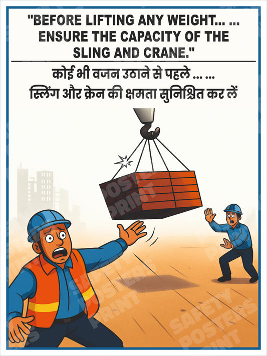 CRL-14 Check Sling and Crane Capacity Before Lifting - Bilingual Guide. Workplace safety poster.