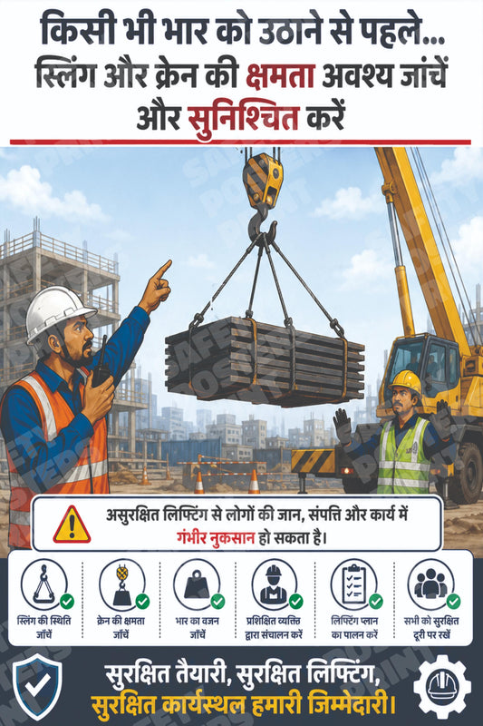 CRL-16 Check Sling and Crane Capacity Before Lifting - Hindi Safety Guide. Hindi workplace safety poster.