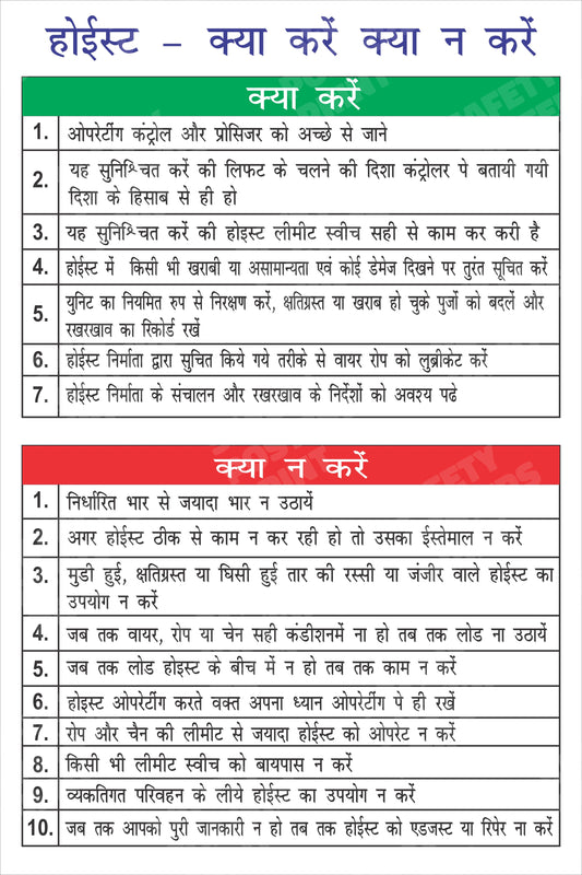 CRL-17 Hoist Safety - Do's and Don'ts - Hindi workplace safety poster