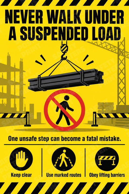 CRL-26: Never Walk Under a Suspended Load. English vertical workplace safety poster.