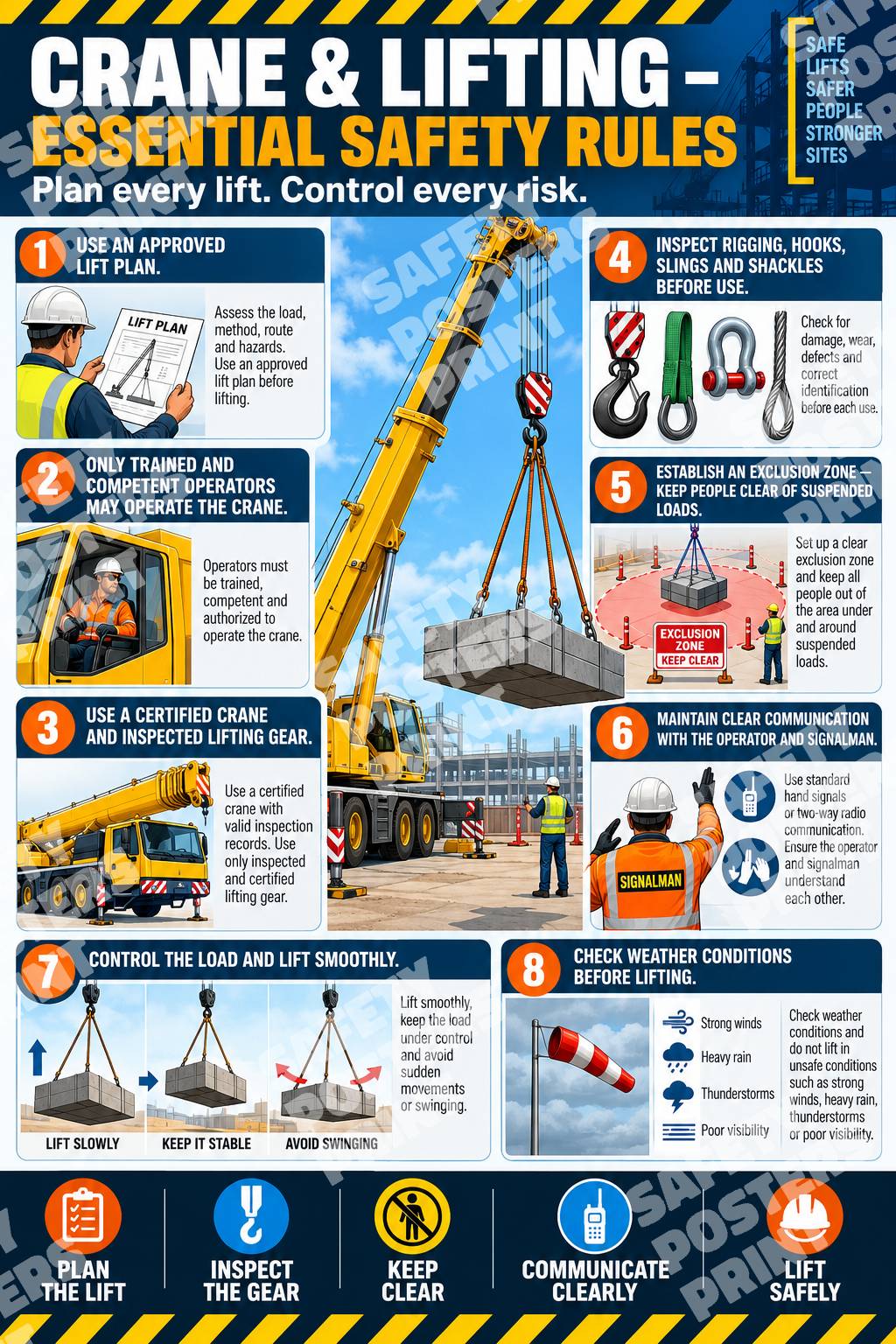 CRL-5 Crane and Lifting Essential Safety Rules poster with illustrated checks for competent personnel, lift plans, rigging, exclusion zones and controlled lifting.