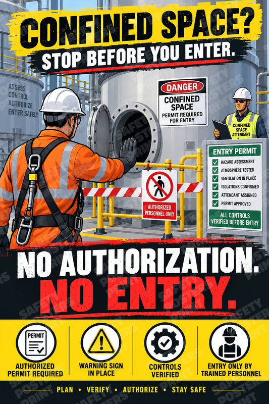 CS-1 Confined Space - No Authorization, No Entry. Workplace safety poster.
