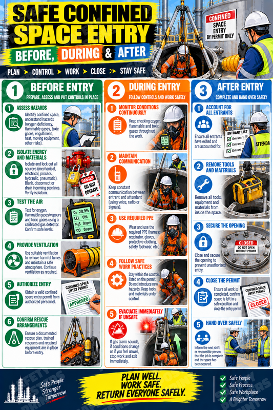CS-10 Safe Confined Space Entry - Before, During and After. Workplace safety poster.