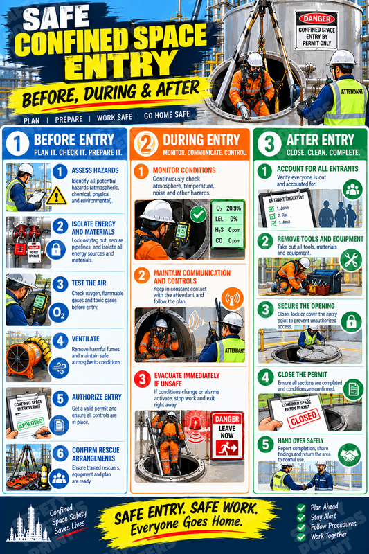 CS-11 Safe Confined Space Entry - Plan, Enter, Monitor and Close Safely. Workplace safety poster.