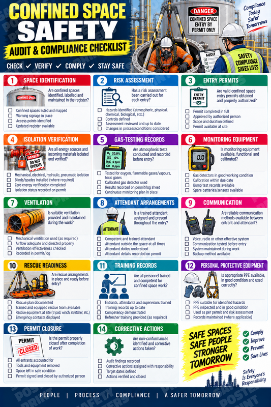 CS-12 Confined Space Safety - Audit and Compliance Checklist. Workplace safety poster.