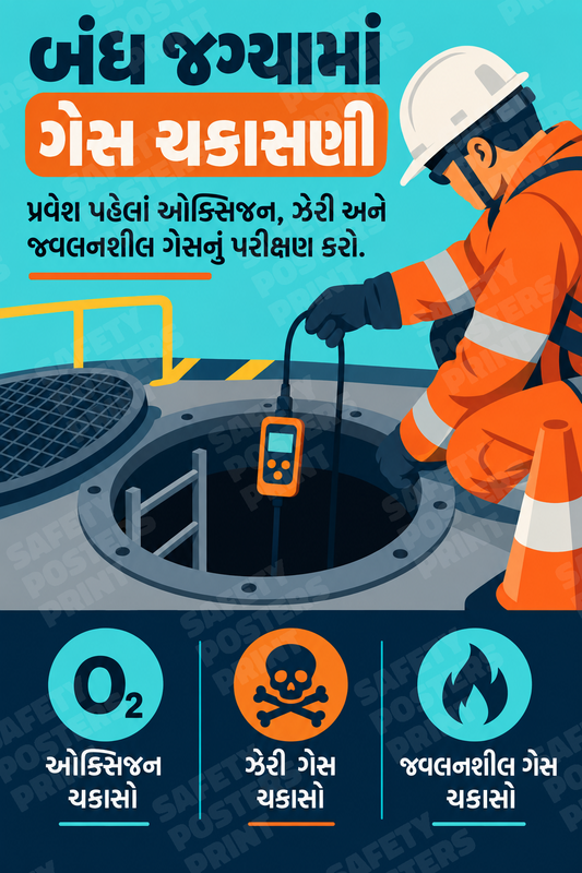 CS-14: Confined Space Gas Testing Before Entry. Gujarati vertical workplace safety poster.