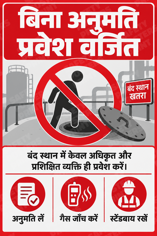 CS-15: No Entry Without Permission - Confined Space. Hindi vertical workplace safety poster.