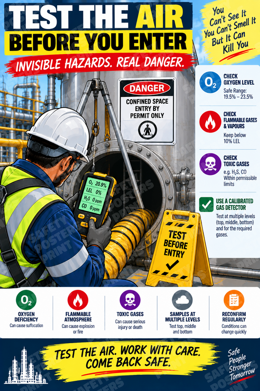 CS-2 Test the Air Before You Enter - Invisible Hazards, Real Danger. Workplace safety poster.