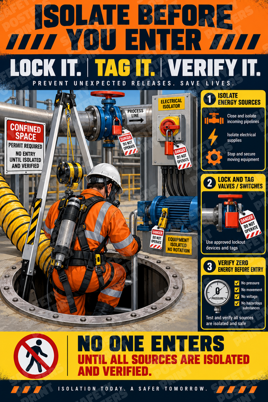 CS-3 Isolate Before You Enter - Lock It, Tag It, Verify It. Workplace safety poster.