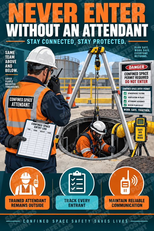 CS-5 Never Enter Without an Attendant - Stay Connected, Stay Protected. Workplace safety poster.
