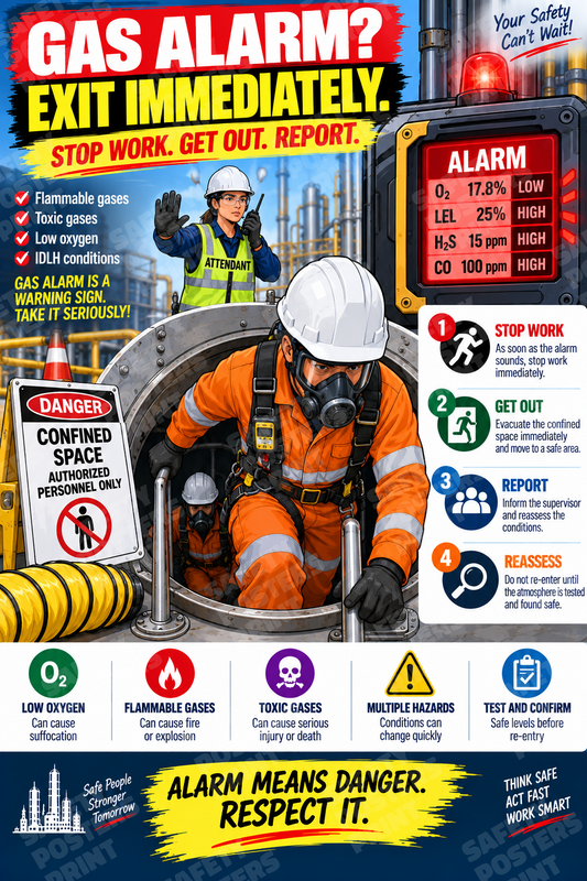 CS-6 Gas Alarm - Exit Immediately. Workplace safety poster.