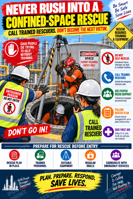CS-7 Never Rush into a Confined-Space Rescue - Call Trained Rescuers. Workplace safety poster.