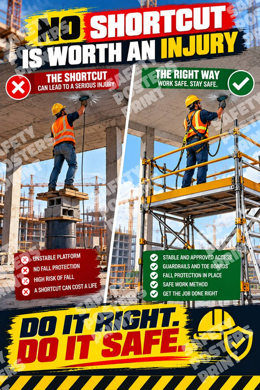 CST-14 No Shortcut Is Worth an Injury poster contrasting construction choices with the reminder to do the job right and safely.