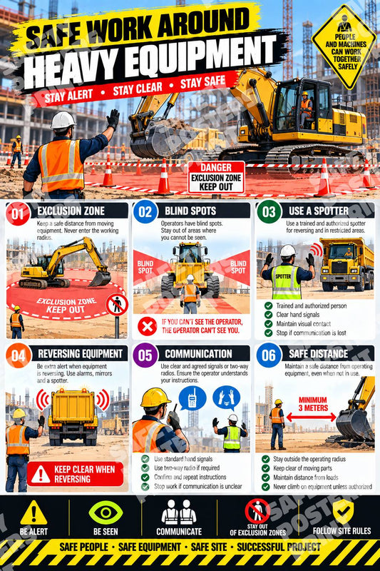 CST-15 Safe Work Around Heavy Equipment poster showing construction plant, operators and workers with visibility, separation and communication reminders.