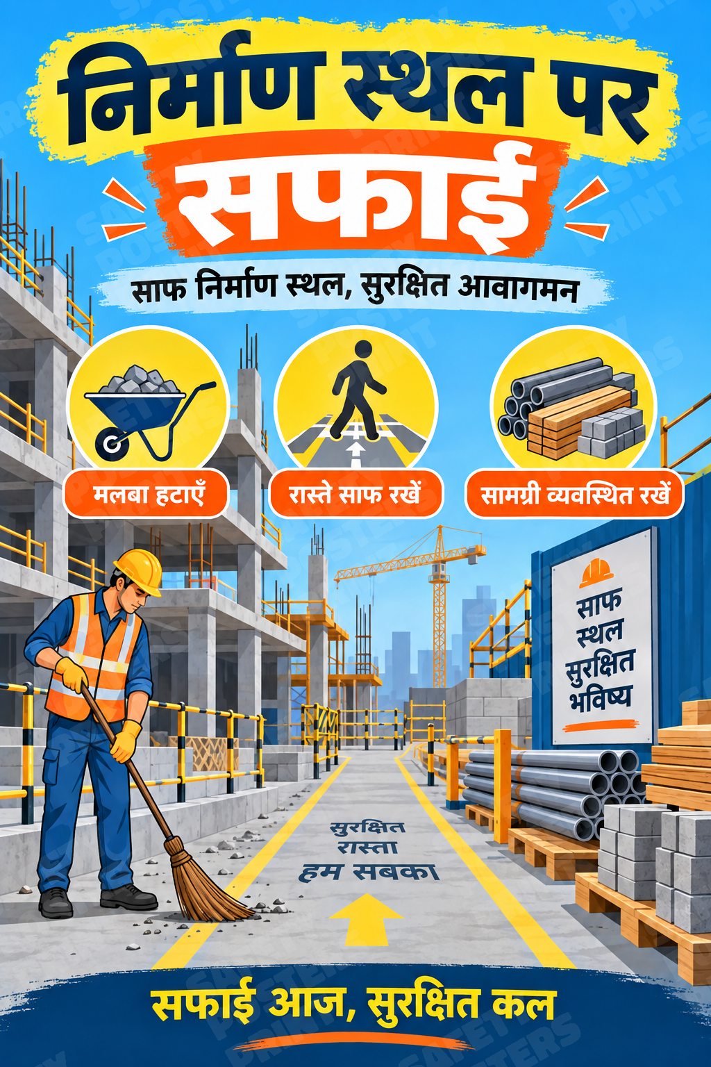 CST-21: Construction Site Housekeeping - Keep Access Clear. Hindi vertical workplace safety poster.
